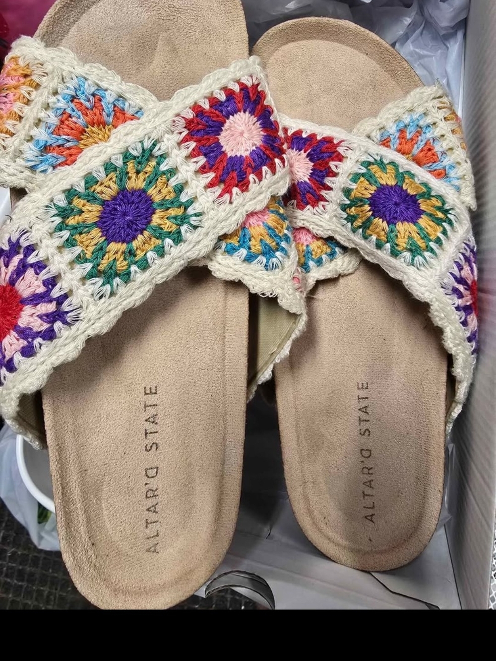 Altar'd State Crochet Crossband Slide Sandals in Cream with Multicolor Squares